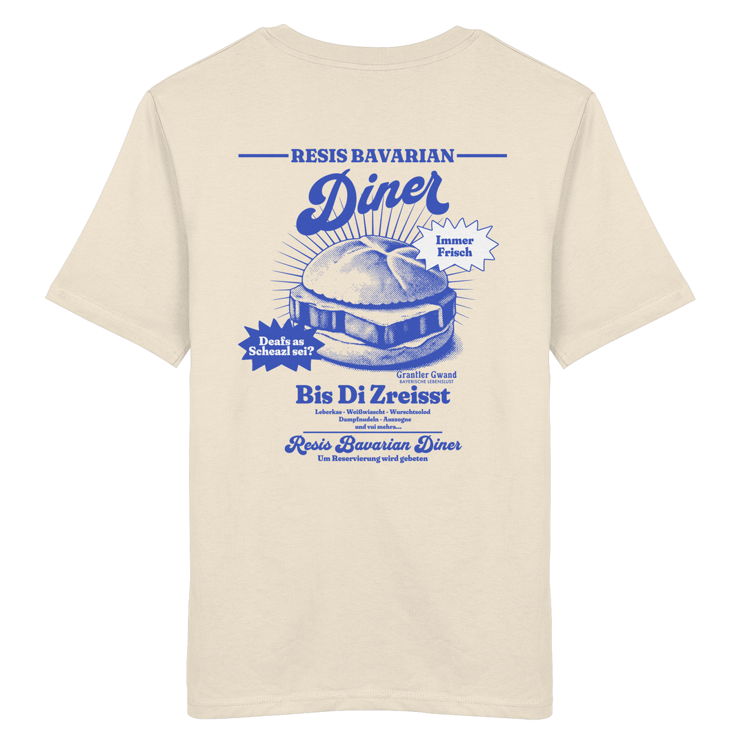Beiges T-Shirt mit Backprint „Resis Bavarian Diner“ – bayerisches Streetwear T-Shirt mit Leberkässemmel im Retro-Diner-Design und Vintage-Print von Grantler Gwand.