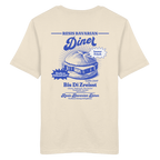 Beiges T-Shirt mit Backprint „Resis Bavarian Diner“ – bayerisches Streetwear T-Shirt mit Leberkässemmel im Retro-Diner-Design und Vintage-Print von Grantler Gwand.