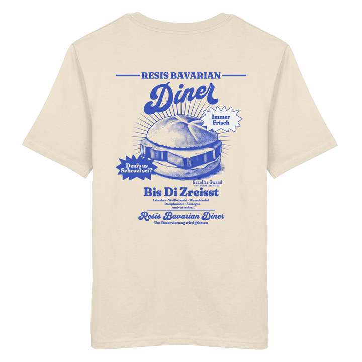 Beiges T-Shirt mit Backprint „Resis Bavarian Diner“ – bayerisches Streetwear T-Shirt mit Leberkässemmel im Retro-Diner-Design und Vintage-Print von Grantler Gwand.