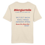 Beiges Unisex T-Shirt mit großem Biergarteln Backprint in Rot und bayerischem Statement „A guade Zeit mit guade Leid“. Hochwertiges Premium-Shirt für Biergarten, Volksfest, Stammtisch und moderne bayerische Streetwear. Designed und bedruckt in Bayern von Grantler Gwand.