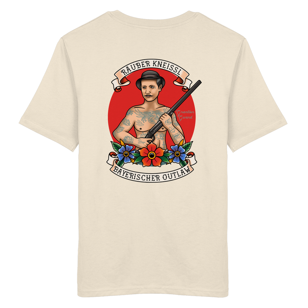 Beiges Räuber Kneissl Unisex T-Shirt mit großem Backprint im Tattoo-Style. Unisex Streetwear Shirt aus 100 % ringgesponnener Baumwolle mit bayerischem Motiv. Designed und bedruckt in Bayern von Grantler Gwand.