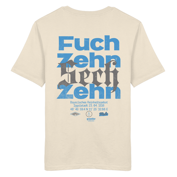 Naturfarbenes Shirt mit großem typografischen Backprint „Fuchzehn“, modernen blauen und schwarzen Schriftzügen sowie Verweis auf das Bayerische Reinheitsgebot von 1516.
