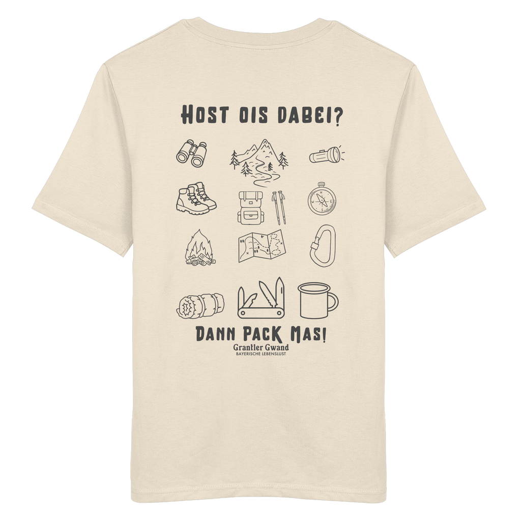 Beiges T-Shirt mit Backprint „Host ois dabei“ – bayerisches Outdoor-Shirt mit Wander-, Camping- und Bergsport-Motiv für Abenteuer und Freizeit von Grantler Gwand.