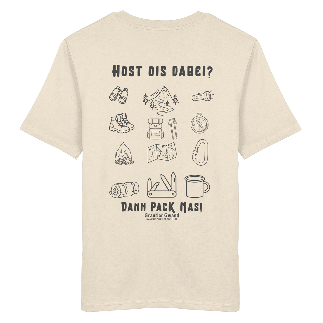 Beiges T-Shirt mit Backprint „Host ois dabei“ – bayerisches Outdoor-Shirt mit Wander-, Camping- und Bergsport-Motiv für Abenteuer und Freizeit von Grantler Gwand.