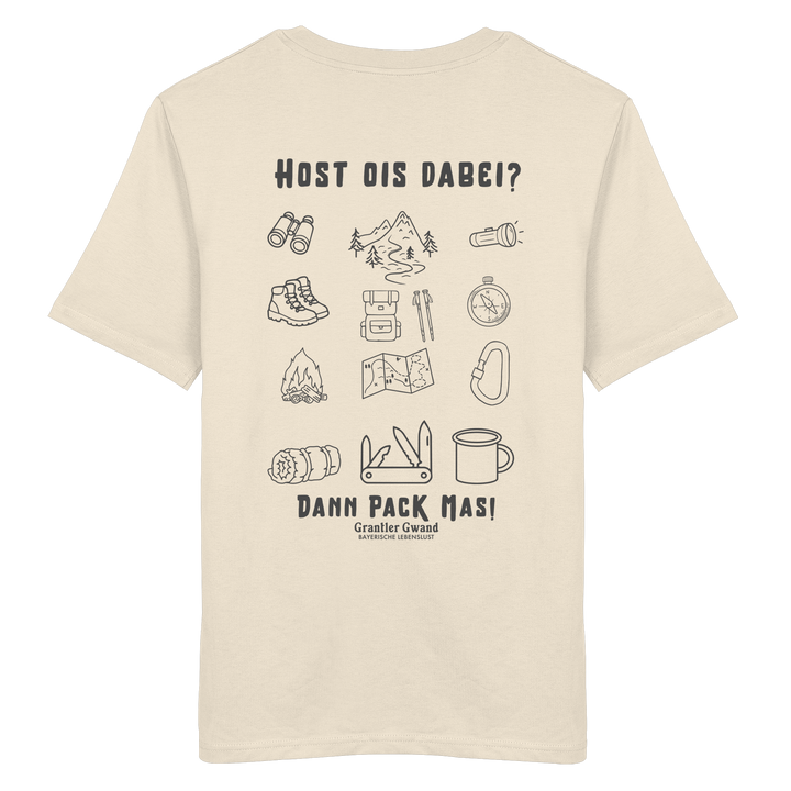 Beiges T-Shirt mit Backprint „Host ois dabei“ – bayerisches Outdoor-Shirt mit Wander-, Camping- und Bergsport-Motiv für Abenteuer und Freizeit von Grantler Gwand.