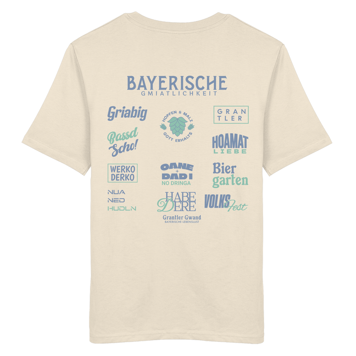 Beiges Bayerische Gmiatlichkeit T-Shirt mit großem grünem Backprint und bayerischen Begriffen wie Hoamatliebe, Biergarten, Volksfest, Grantler, Hopfen &amp; Malz und Griabig. Unisex T-Shirt aus 100 % ringgesponnener Baumwolle im modernen Streetwear-Look. Designed und bedruckt in Bayern von Grantler Gwand.