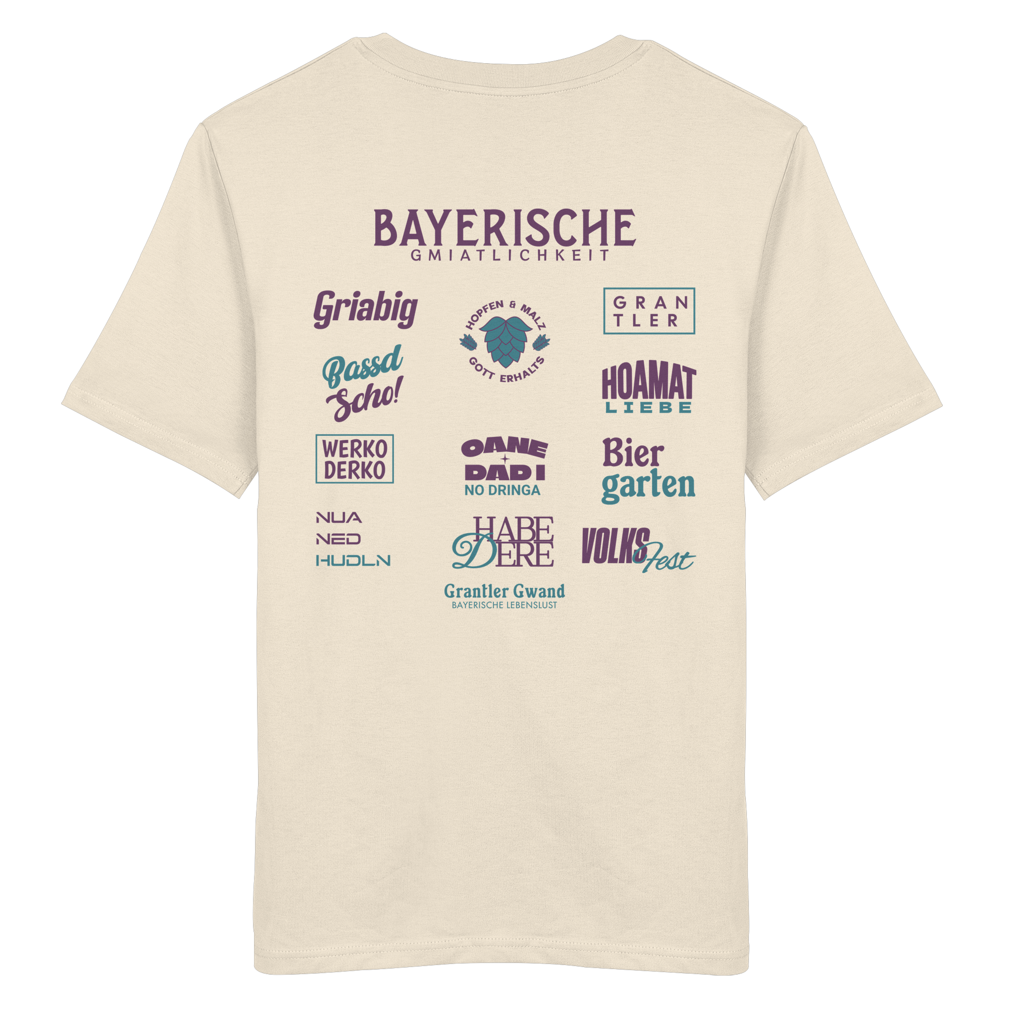 Bayerische Gmiatlichkeit - lila Variante - Backprint - T-Shirt