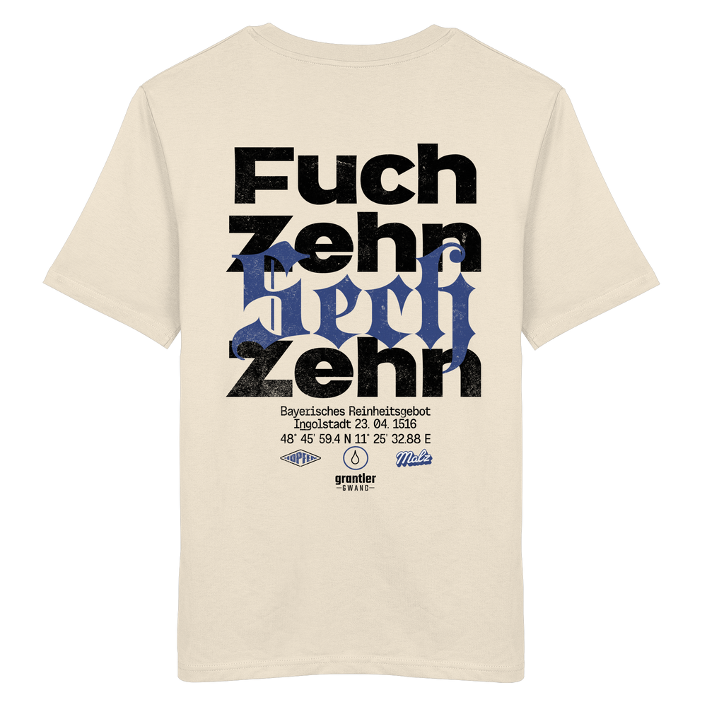 Naturfarbenes T-Shirt mit großem „Fuchzehn Sechzehn“-Backprint in Schwarz und Blau, inspiriert vom Bayerischen Reinheitsgebot von 1516.