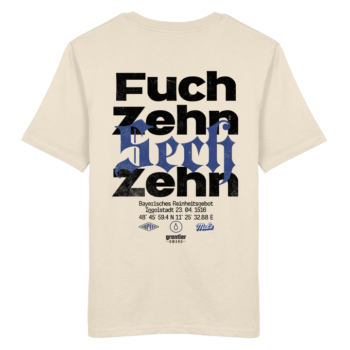 Naturfarbenes T-Shirt mit großem „Fuchzehn Sechzehn“-Backprint in Schwarz und Blau, inspiriert vom Bayerischen Reinheitsgebot von 1516.