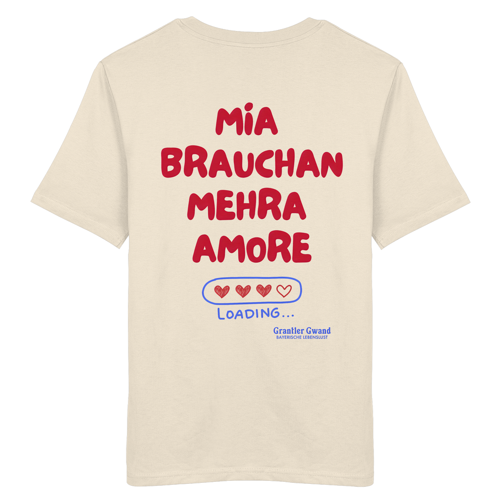 Naturfarbenes Shirt mit großem Backprint "Mia brauchan mehra Amore" und Herz-Ladebalken im bayerischen Streetwear-Design von Grantler Gwand.