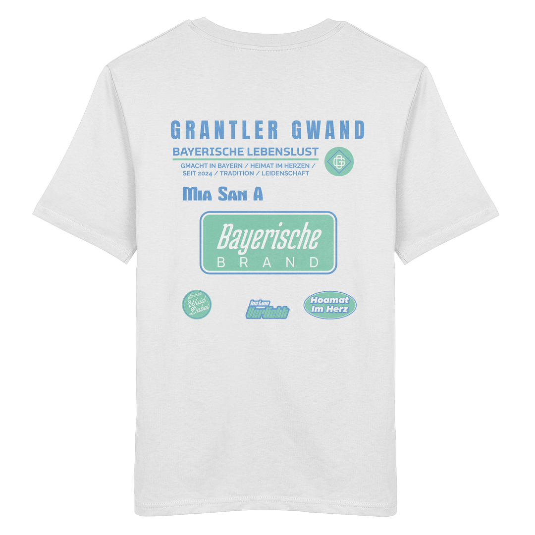 Weißes T-Shirt mit großem Grantler Gwand Backprint in Blau und Mintgrün sowie dem Schriftzug „Bayerische Brand“ im modernen Streetwear-Design.