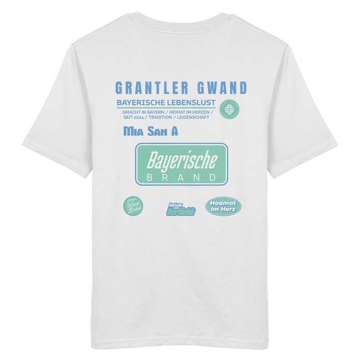 Weißes T-Shirt mit großem Grantler Gwand Backprint in Blau und Mintgrün sowie dem Schriftzug „Bayerische Brand“ im modernen Streetwear-Design.