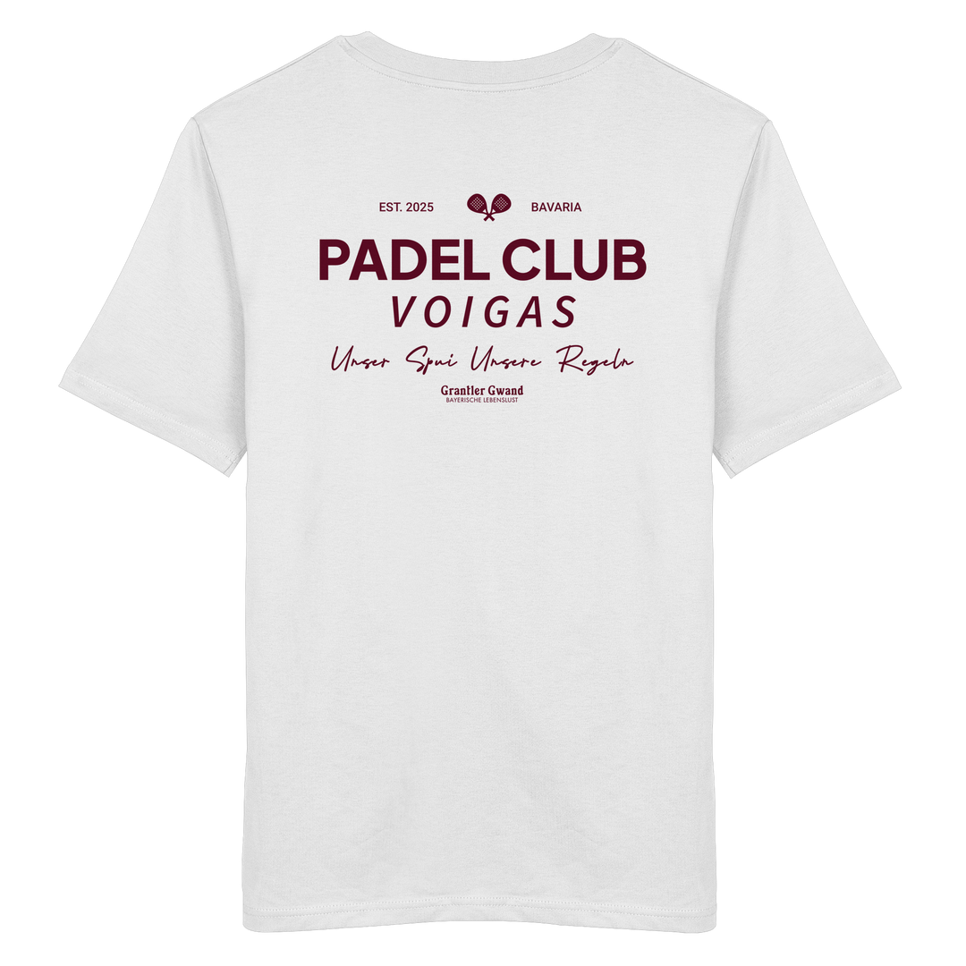 Weißes Unisex T-Shirt mit rotem „Padel Club“-Backprint – hochwertiges Streetwear Shirt von Grantler Gwand für Padel-Fans.