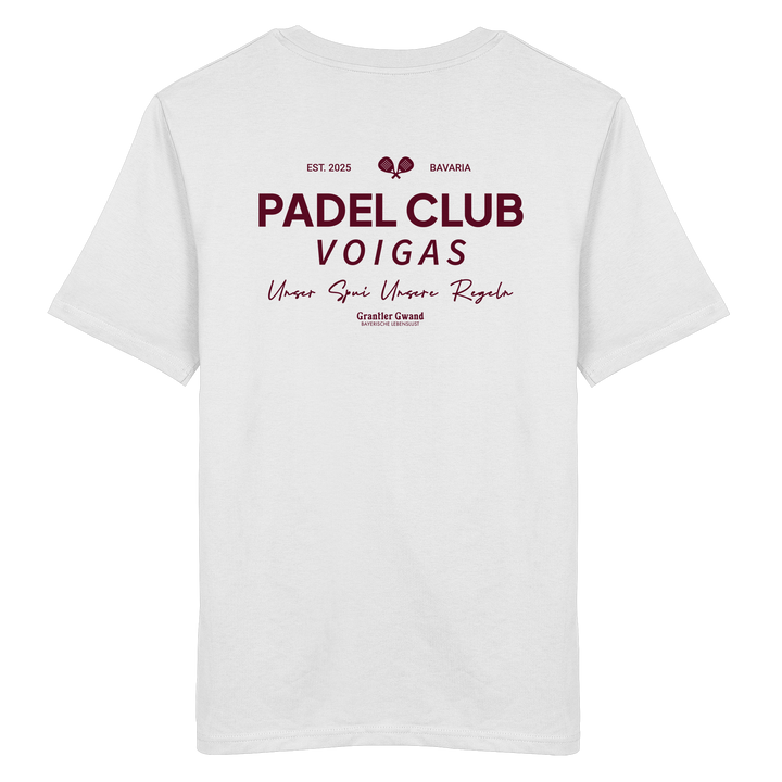 Weißes Unisex T-Shirt mit rotem „Padel Club“-Backprint – hochwertiges Streetwear Shirt von Grantler Gwand für Padel-Fans.