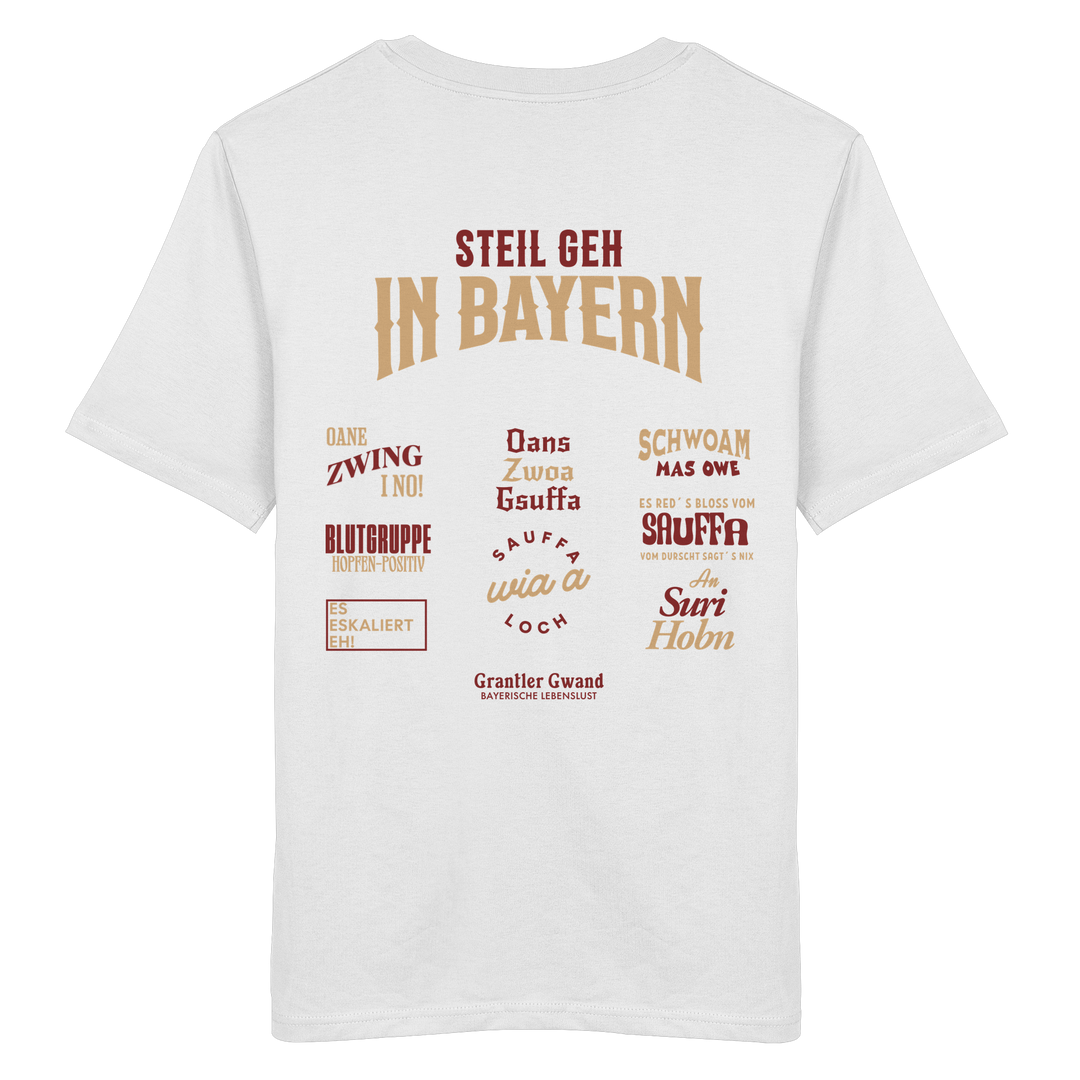 Weißes T-Shirt mit großem Backprint aus mehreren bayerischen Dialektsprüchen im modernen Typografie-Design von Grantler Gwand