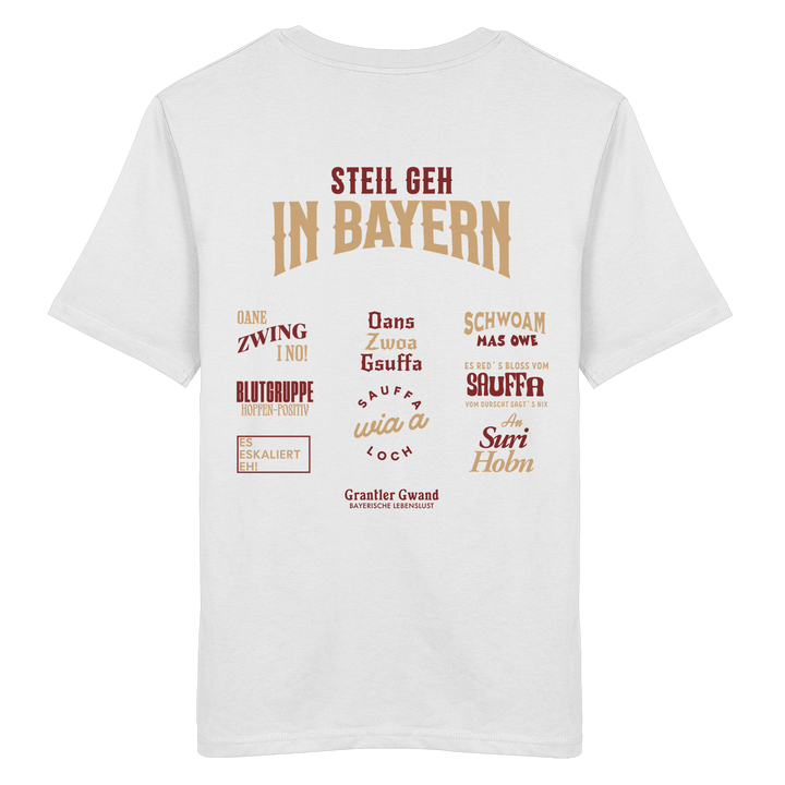 Weißes T-Shirt mit großem Backprint aus mehreren bayerischen Dialektsprüchen im modernen Typografie-Design von Grantler Gwand