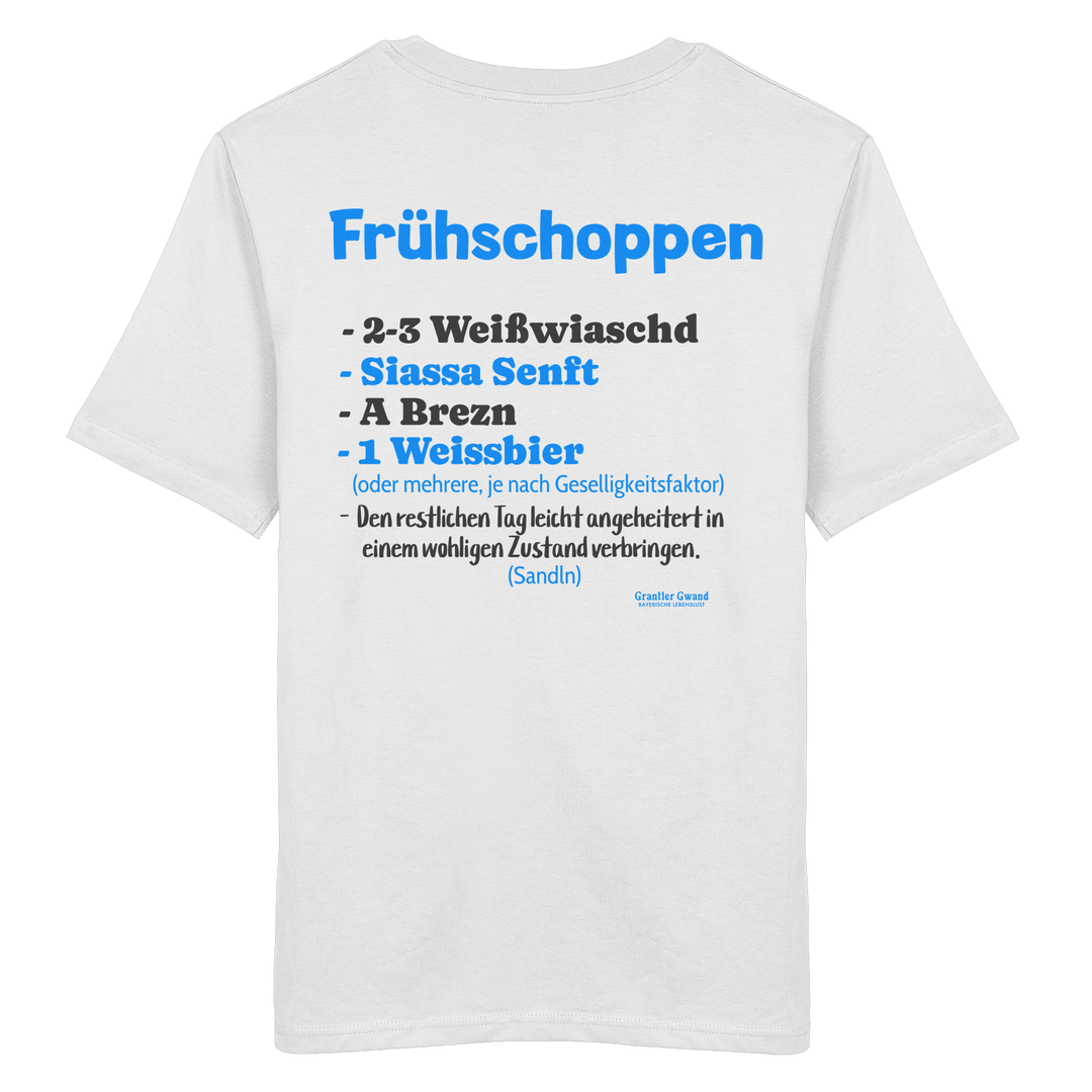 Weißes Shirt mit großem Backprint „Frühschoppen“ und humorvoller bayerischer Anleitung zu Weißwurst, Brezn und Weißbier.