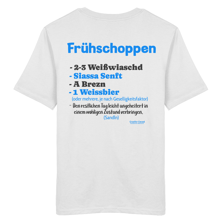 Weißes Shirt mit großem Backprint „Frühschoppen“ und humorvoller bayerischer Anleitung zu Weißwurst, Brezn und Weißbier.