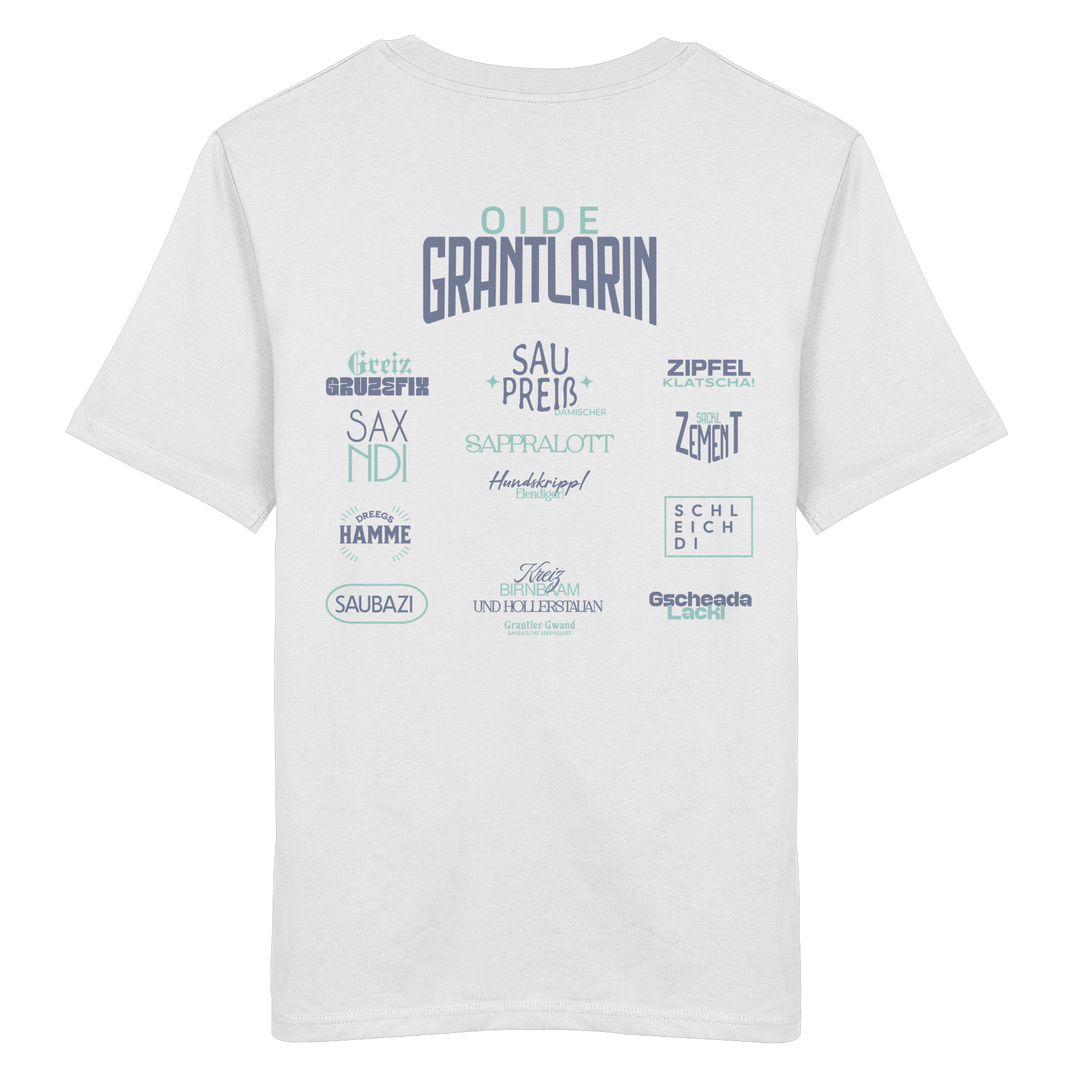 Weißes unisex Shirt mit großem Backprint „Oide Grantlarin“ sowie bayerischen Dialektbegriffen im modernen Typografie-Design von Grantler Gwand.