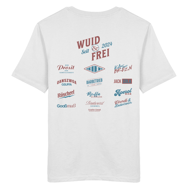 Weißes Shirt mit großem Backprint „Wuid &amp; Frei seit 2024“ sowie verschiedenen bayerischen Typografie-Designs und Dialektbegriffen.