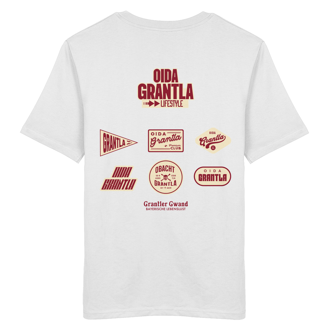 Weißes Shirt mit großem Oida Grantla Lifestyle Backprint aus mehreren Retro-Logos im bayerischen Streetwear-Design von Grantler Gwand.