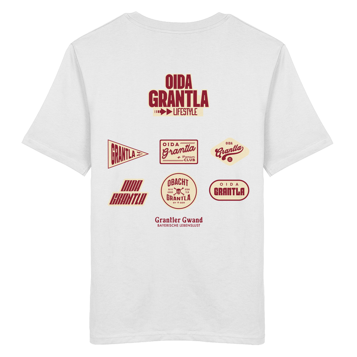 Weißes Shirt mit großem Oida Grantla Lifestyle Backprint aus mehreren Retro-Logos im bayerischen Streetwear-Design von Grantler Gwand.