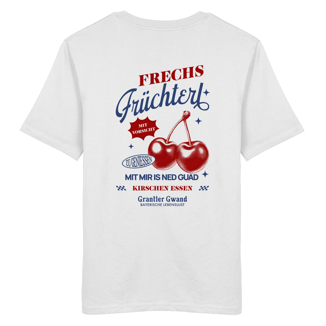 Weißes Unisex-T-Shirt mit „Frechs Früchterl“-Backprint und Kirschen-Motiv – bayerische Streetwear im Vintage-Retro-Look von Grantler Gwand.