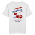 Weißes Unisex-T-Shirt mit „Frechs Früchterl“-Backprint und Kirschen-Motiv – bayerische Streetwear im Vintage-Retro-Look von Grantler Gwand.
