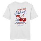 Weißes Unisex-T-Shirt mit „Frechs Früchterl“-Backprint und Kirschen-Motiv – bayerische Streetwear im Vintage-Retro-Look von Grantler Gwand.