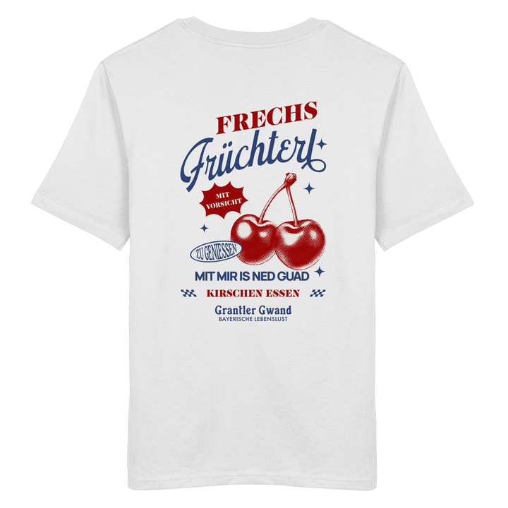 Weißes Unisex-T-Shirt mit „Frechs Früchterl“-Backprint und Kirschen-Motiv – bayerische Streetwear im Vintage-Retro-Look von Grantler Gwand.