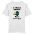 Weißes Unisex T-Shirt mit großem Backprint „Es red's bloß vom Sauffa“ und lustigem Hopfen-Motiv – bayerisches Statement-Shirt von Grantler Gwand.