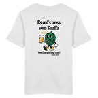Weißes Unisex T-Shirt mit großem Backprint „Es red's bloß vom Sauffa“ und lustigem Hopfen-Motiv – bayerisches Statement-Shirt von Grantler Gwand.