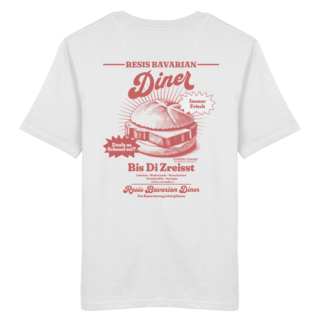 Weißes Unisex T-Shirt mit rotem Backprint „Resis Bavarian Diner“ – bayerisches Streetwear Shirt mit Leberkässemmel im Vintage-Diner-Design von Grantler Gwand.