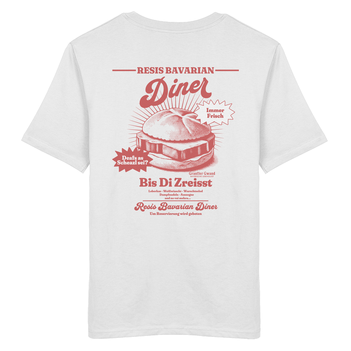 Weißes Unisex T-Shirt mit rotem Backprint „Resis Bavarian Diner“ – bayerisches Streetwear Shirt mit Leberkässemmel im Vintage-Diner-Design von Grantler Gwand.