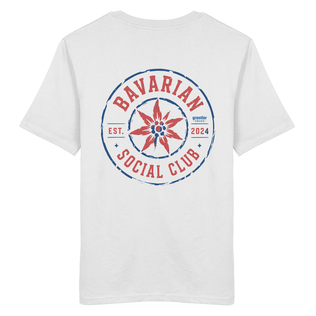 Weißes T-Shirt mit großem roten und blauen „Bavarian Social Club“-Backprint und Edelweiß im Vintage-Streetwear-Design.