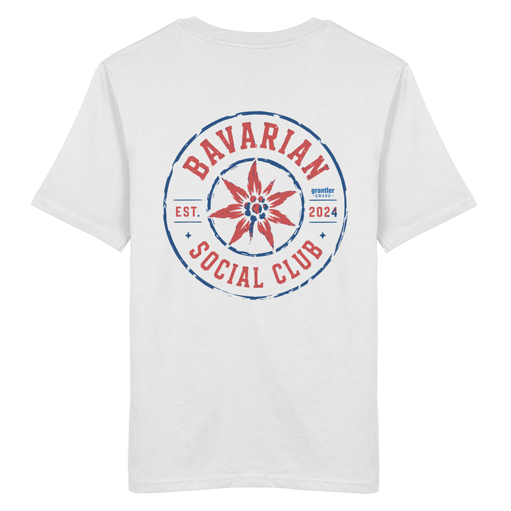 Weißes T-Shirt mit großem roten und blauen „Bavarian Social Club“-Backprint und Edelweiß im Vintage-Streetwear-Design.