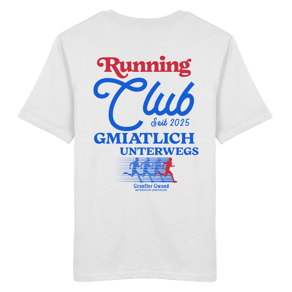 Weißes Unisex T-Shirt mit großem Running Club Backprint im Retro-Design in Blau und Rot sowie „Gmiatlich unterwegs“ Schriftzug – hochwertiges Baumwoll T-Shirt für Laufen, Freizeit und bayerische Streetwear von Grantler Gwand.