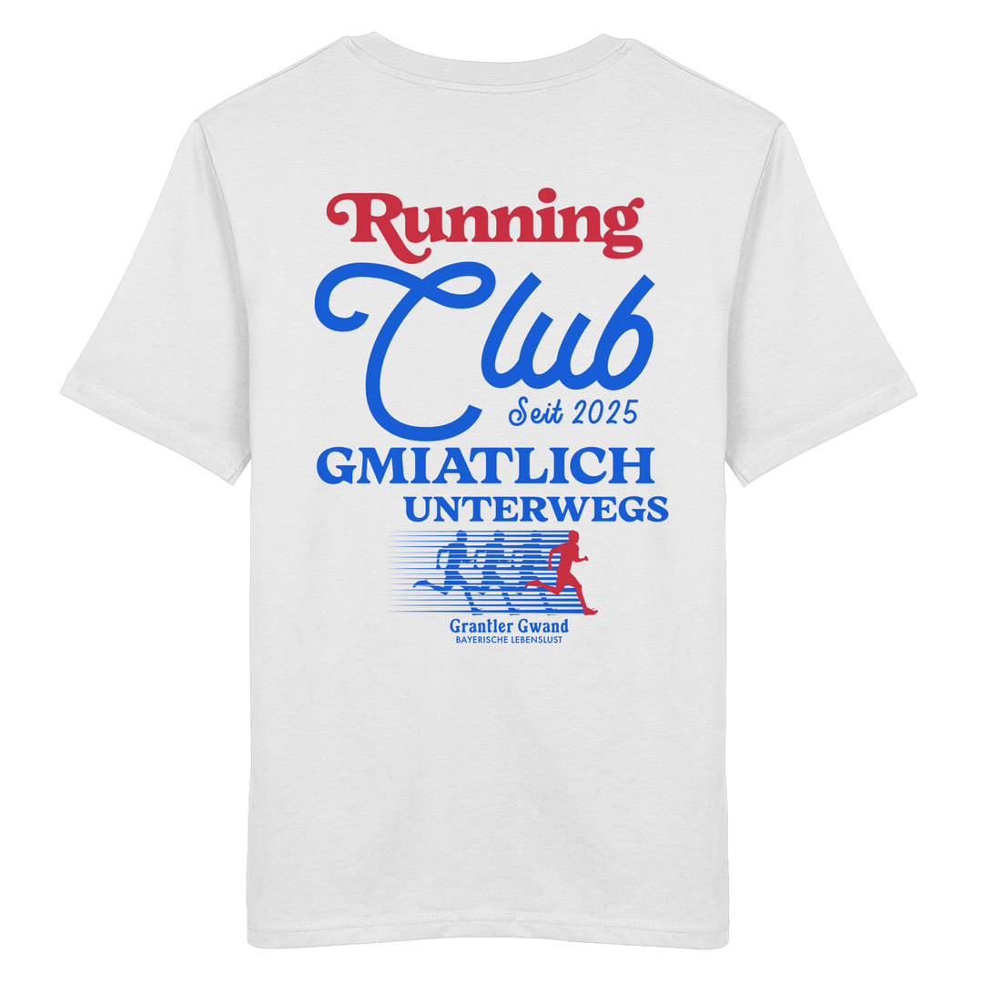 Weißes Unisex T-Shirt mit großem Running Club Backprint im Retro-Design in Blau und Rot sowie „Gmiatlich unterwegs“ Schriftzug – hochwertiges Baumwoll T-Shirt für Laufen, Freizeit und bayerische Streetwear von Grantler Gwand.