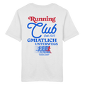 Weißes Unisex T-Shirt mit großem Running Club Backprint im Retro-Design in Blau und Rot sowie „Gmiatlich unterwegs“ Schriftzug – hochwertiges Baumwoll T-Shirt für Laufen, Freizeit und bayerische Streetwear von Grantler Gwand.