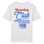Weißes Unisex T-Shirt mit großem Running Club Backprint im Retro-Design in Blau und Rot sowie „Gmiatlich unterwegs“ Schriftzug – hochwertiges Baumwoll T-Shirt für Laufen, Freizeit und bayerische Streetwear von Grantler Gwand.