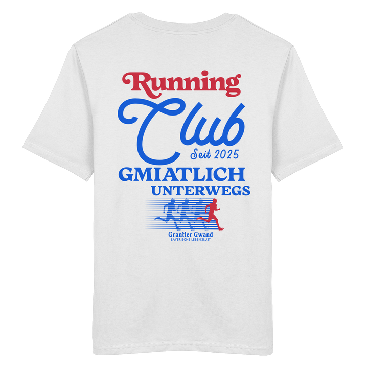 Weißes Unisex T-Shirt mit großem Running Club Backprint im Retro-Design in Blau und Rot sowie „Gmiatlich unterwegs“ Schriftzug – hochwertiges Baumwoll T-Shirt für Laufen, Freizeit und bayerische Streetwear von Grantler Gwand.