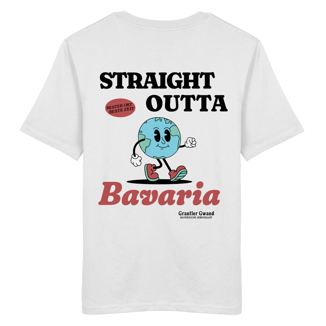 Weißes Shirt mit großem Backprint „Straight Outta Bavaria“, einer laufenden Weltkugel und dem Schriftzug „Bester Ort. Beste Zeit.“ von Grantler Gwand.