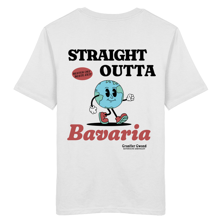 Weißes Shirt mit großem Backprint „Straight Outta Bavaria“, einer laufenden Weltkugel und dem Schriftzug „Bester Ort. Beste Zeit.“ von Grantler Gwand.