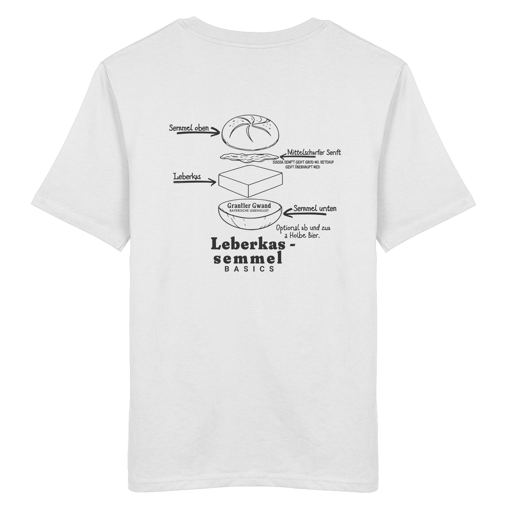 Weißes Unisex T-Shirt mit Backprint „Die wichtigste Bauanleitung Bayerns“ und Leberkassemmel-Illustration – bayerisches Streetwear T-Shirt von Grantler Gwand.