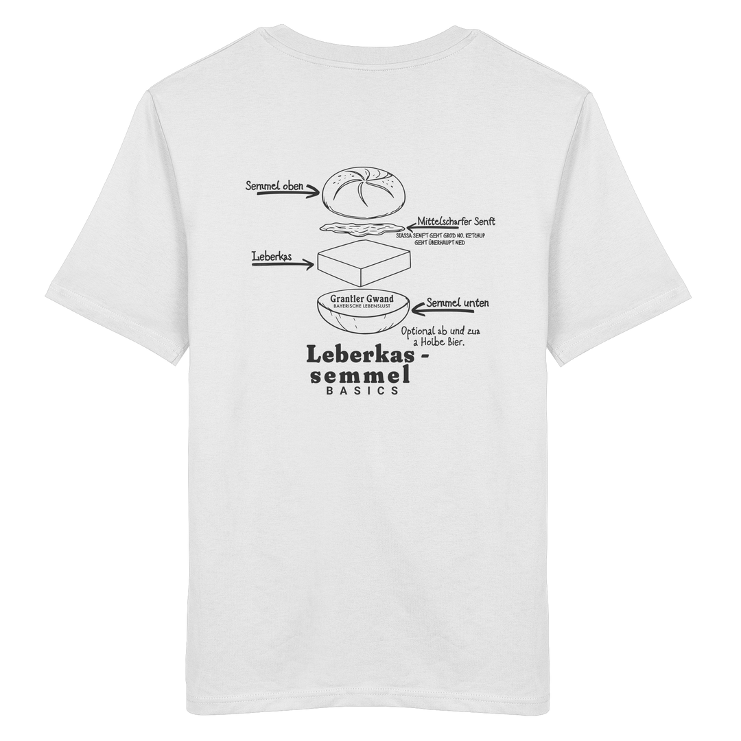 Weißes Unisex T-Shirt mit Backprint „Die wichtigste Bauanleitung Bayerns“ und Leberkassemmel-Illustration – bayerisches Streetwear T-Shirt von Grantler Gwand.