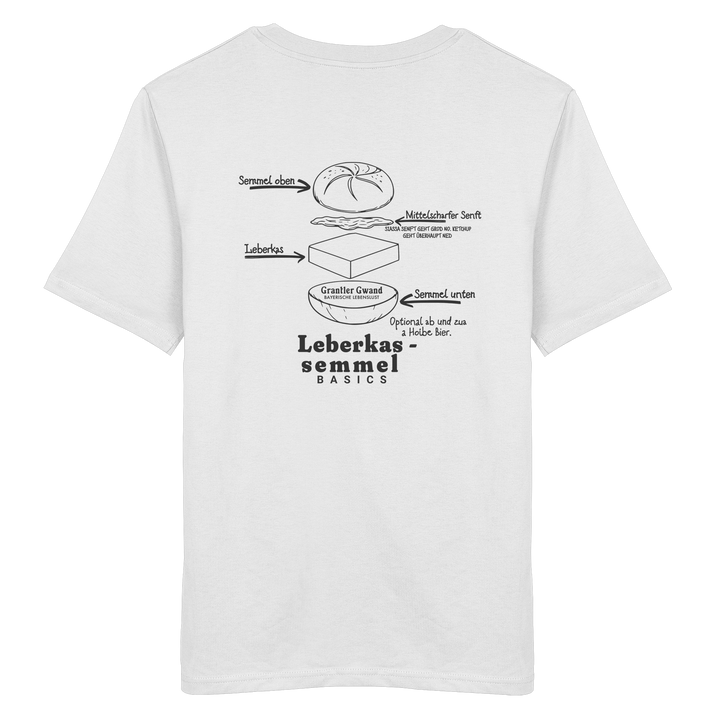Weißes Unisex T-Shirt mit Backprint „Die wichtigste Bauanleitung Bayerns“ und Leberkassemmel-Illustration – bayerisches Streetwear T-Shirt von Grantler Gwand.