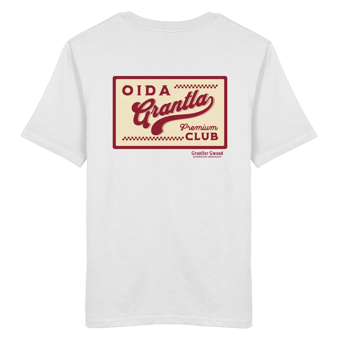 Weißes Shirt mit großem Retro-Backprint "Oida Grantla Premium Club" im Vintage-Stil. Bayerischer Streetwear Hoodie von Grantler Gwand.