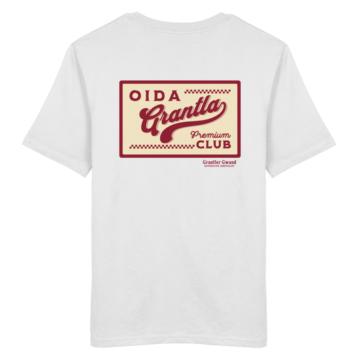 Weißes Shirt mit großem Retro-Backprint "Oida Grantla Premium Club" im Vintage-Stil. Bayerischer Streetwear Hoodie von Grantler Gwand.