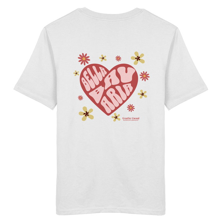 Weißes Unisex T- Shirt mit großem Herzmotiv und bayerischem Bella Bavaria Schriftzug auf dem Rücken – hochwertiger Hoodie von Grantler Gwand.