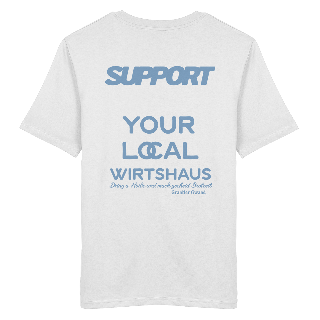 „Weißes Unisex T-Shirt mit großflächigem, blauem Backprint &